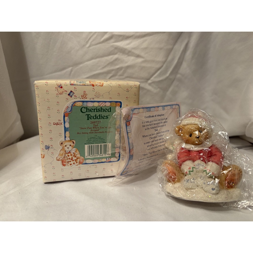 Cherished Teddies 1997 Ted Bear Figurine Snow Fun w/ Box COA